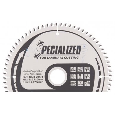 Pjovimo diskas Makita B-29474 SPECIALIZED, 216X2.5X30mm, 5°, T72 Pjovimo diskas Makita B-29474 SPECIALIZED, 216X2.5X30mm, 5°, T72