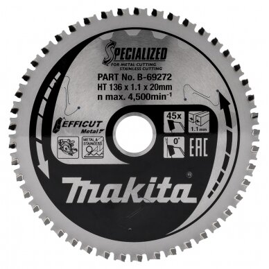 Pjovimo diskas Makita B-69272 EFFICUT METAL, 136X1.1X20mm, 0°, T45 Pjovimo diskas Makita B-69272 EFFICUT METAL, 136X1.1X20mm, 0°, T45