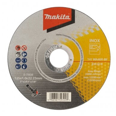 Pjovimo diskas Makita D-75530, 125X1MM, (WA46R), INOX Pjovimo diskas Makita D-75530, 125X1MM, (WA46R), INOX
