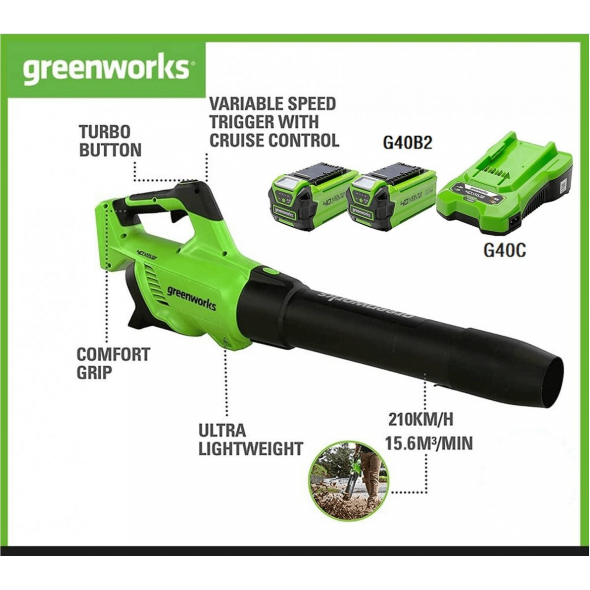 Greenworks G40AB akumuliatorinis pūstuvas ( 40V 2X2Ah akumuliatoriai ir kroviklis) 6 Greenworks G40AB akumuliatorinis pūstuvas ( 40V 2X2Ah akumuliatoriai ir kroviklis) 6