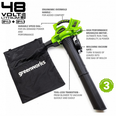 Greenworks GD24X2BVK4X PŪSTUVAS/SURINKTUVAS (2X24V du 4Ah akumuliatoriai ir kroviklis) 2