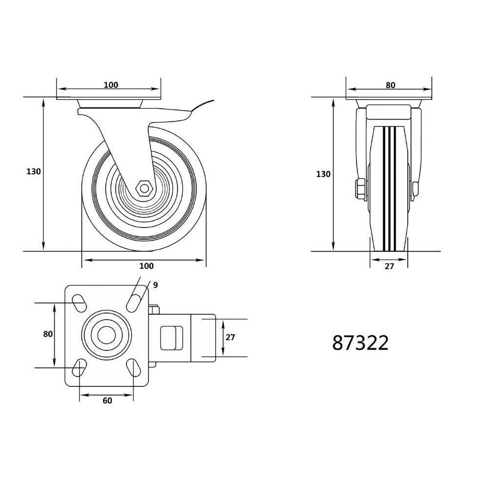 Ratukas vežimėliui d-100mm, 60kg, guminis, juodas, pasukamas su stabdžiu Vorel 1 Ratukas vežimėliui d-100mm, 60kg, guminis, juodas, pasukamas su stabdžiu Vorel 1