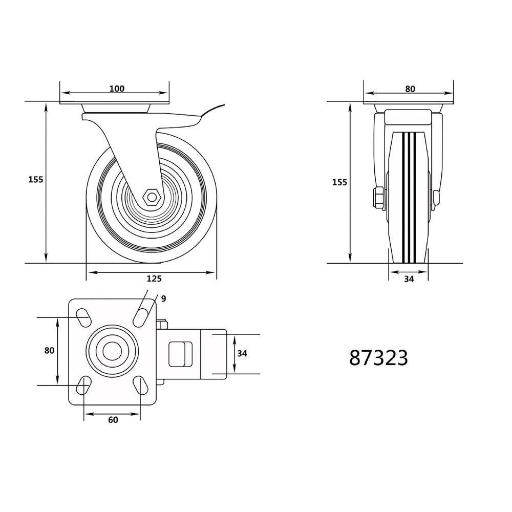 Ratukas vežimėliui d-125mm, 100kg, guminis, juodas, pasukamas su stabdžiu Vorel 1 Ratukas vežimėliui d-125mm, 100kg, guminis, juodas, pasukamas su stabdžiu Vorel 1