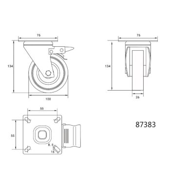 Ratukas vežimėliui d-100mm, 45kg, guminis, pilkas, pasukamas su stabdžiu Vorel Ratukas vežimėliui d-100mm, 45kg, guminis, pilkas, pasukamas su stabdžiu Vorel
