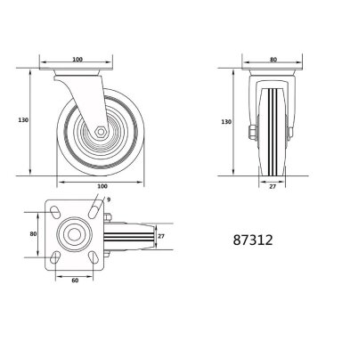 Ratukas vežimėliui d-100mm, 60kg, guminis, juodas, pasukamas Vorel Ratukas vežimėliui d-100mm, 60kg, guminis, juodas, pasukamas Vorel