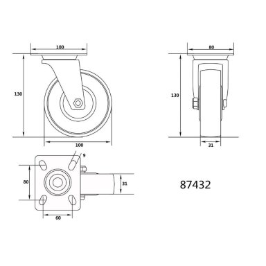 Ratukas vežimėliui d-100mm, 60kg, poliamidinis, pasukamas Vorel Ratukas vežimėliui d-100mm, 60kg, poliamidinis, pasukamas Vorel
