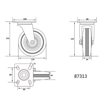 Ratukas vežimėliui d-125mm, 100kg, guminis, juodas, pasukamas Vorel Ratukas vežimėliui d-125mm, 100kg, guminis, juodas, pasukamas Vorel