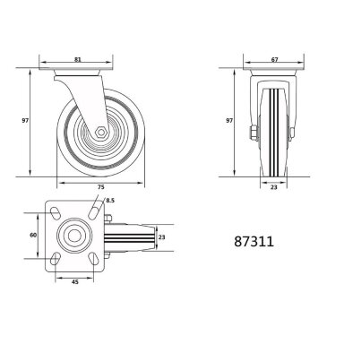 Ratukas vežimėliui d-755mm, 40kg, guminis, juodas, pasukamas Vorel Ratukas vežimėliui d-755mm, 40kg, guminis, juodas, pasukamas Vorel