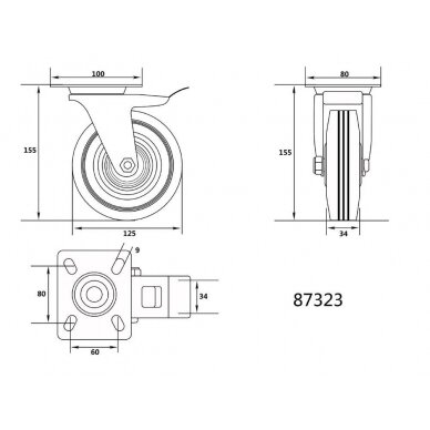 Ratukas vežimėliui d-125mm, 100kg, guminis, juodas, pasukamas su stabdžiu Vorel 1