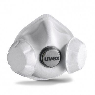 Respiratorius Uvex Silv-Air High Performance 7233 FFP2, puodelio tipo su vožtuvu, su dviem papildomais filtrais, baltas. Daugkartinio naudojimo