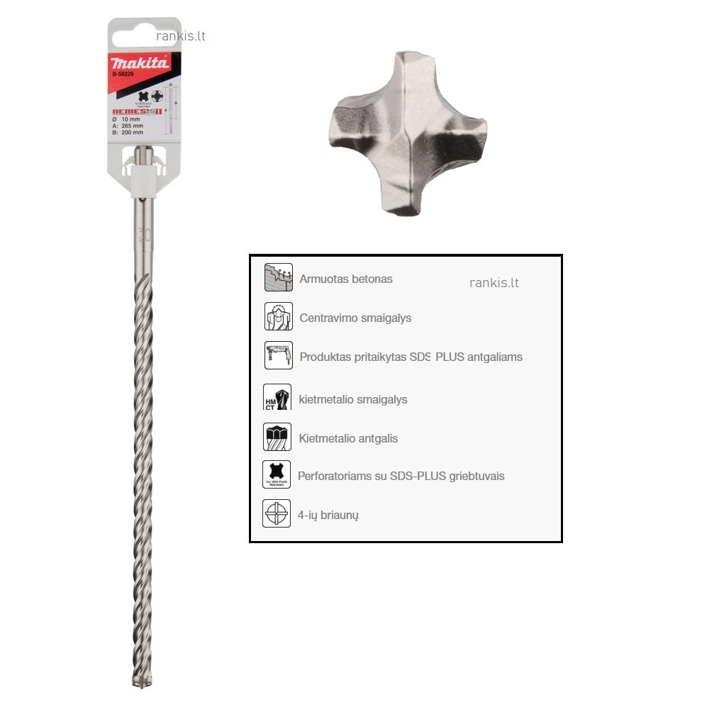 SDS-PLUS grąžtas Makita B-58229, 10x265mm NEMESIS 2 SDS-PLUS grąžtas Makita B-58229, 10x265mm NEMESIS 2