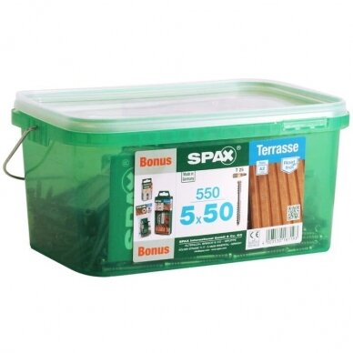 SPAX Medsraigčiai terasiniai nerūdijančio plieno 5X50 TORX (BONUS RINKINYS) SPAX Medsraigčiai terasiniai nerūdijančio plieno 5X50 TORX (BONUS RINKINYS)