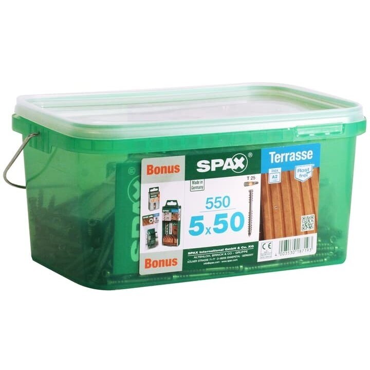 SPAX Medsraigčiai terasiniai nerūdijančio plieno 5X50 TORX (BONUS RINKINYS) SPAX Medsraigčiai terasiniai nerūdijančio plieno 5X50 TORX (BONUS RINKINYS)