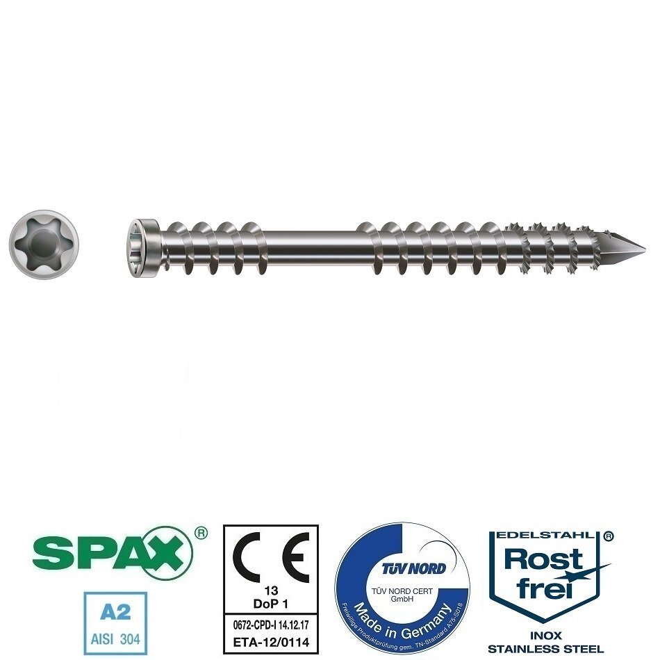 SPAX Medsraigčiai terasiniai nerūdijančio plieno 5X50 TORX (BONUS RINKINYS) 1 SPAX Medsraigčiai terasiniai nerūdijančio plieno 5X50 TORX (BONUS RINKINYS) 1
