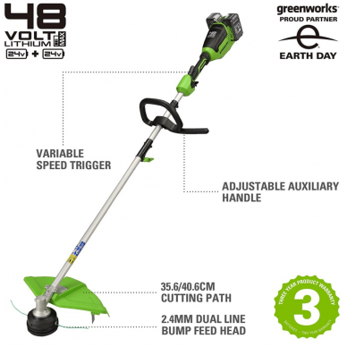 Greenworks GD24X2TXK4x STYGINĖ ŽOLIAPJOVĖ (48V (2X24V) Du 4Ah akumuliatoriai ir kroviklis) 1