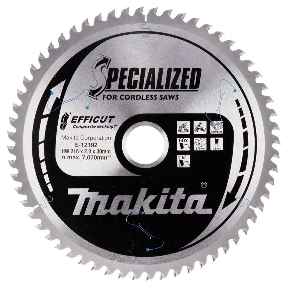 T.C.T. pjūklas 216X2.0X30mm 15° T60 EFFICUT klijuotoms plokštėms Makita E-12192 T.C.T. pjūklas 216X2.0X30mm 15° T60 EFFICUT klijuotoms plokštėms Makita E-12192