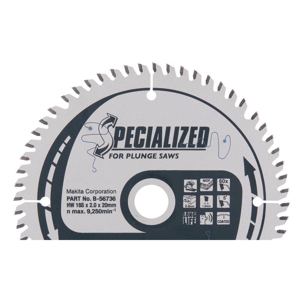 T.C.T. pjūklas SPECIALIZED 165X2X20mm 5° T60 Makita B-56736 T.C.T. pjūklas SPECIALIZED 165X2X20mm 5° T60 Makita B-56736