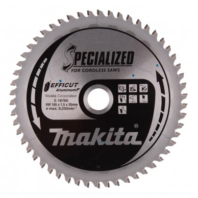 T.C.T. pjovimo diskai aliuminiui, 165 x 20 mm, 54T, EFFICUT Makita E-16760 T.C.T. pjovimo diskai aliuminiui, 165 x 20 mm, 54T, EFFICUT Makita E-16760