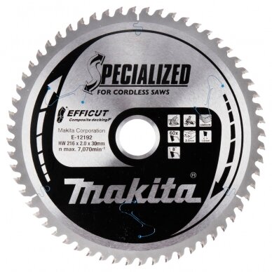 T.C.T. pjūklas 216X2.0X30mm 15° T60 EFFICUT klijuotoms plokštėms Makita E-12192 T.C.T. pjūklas 216X2.0X30mm 15° T60 EFFICUT klijuotoms plokštėms Makita E-12192