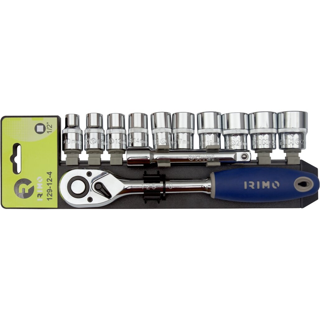 Terkšlės 1/2" ir galvučių rinkinys su prailgintoju 125mm.10-24mm, 12 vnt Irimo Terkšlės 1/2" ir galvučių rinkinys su prailgintoju 125mm.10-24mm, 12 vnt Irimo