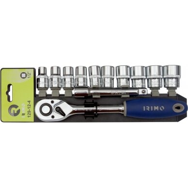 Terkšlės 1/2" ir galvučių rinkinys su prailgintoju 125mm.10-24mm, 12 vnt Irimo Terkšlės 1/2" ir galvučių rinkinys su prailgintoju 125mm.10-24mm, 12 vnt Irimo
