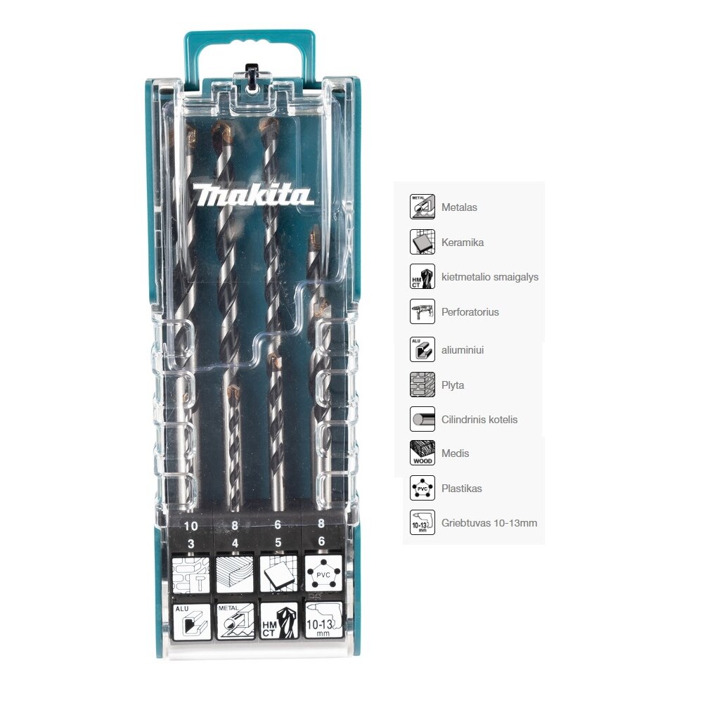 Universalių TCT grąžtų rinkinys su tiesiu kotu Makita E-15855, 8vnt. 3-10 mm Universalių TCT grąžtų rinkinys su tiesiu kotu Makita E-15855, 8vnt. 3-10 mm