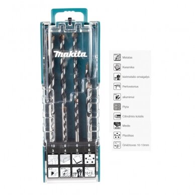 Universalių TCT grąžtų rinkinys su tiesiu kotu Makita E-15855, 8vnt. 3-10 mm Universalių TCT grąžtų rinkinys su tiesiu kotu Makita E-15855, 8vnt. 3-10 mm