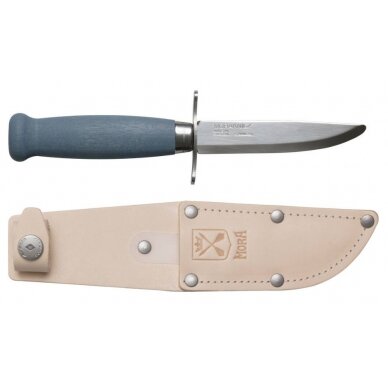 Vaikiškas peilis Morakniv Scout 39 Safe, odinis dėklas, dviguba pirštų apsauga, spalva mėlyna Vaikiškas peilis Morakniv Scout 39 Safe, odinis dėklas, dviguba pirštų apsauga, spalva mėlyna