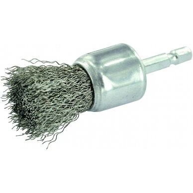 Vielinis šepetys drėlei, Ø24mm, banguota viela INOX, 0.3mm, kotelis 1/4 HEX Vielinis šepetys drėlei, Ø24mm, banguota viela INOX, 0.3mm, kotelis 1/4 HEX