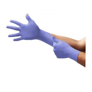 Vienkartinės nitrilinės pirštinės Ansell Microflex 93-843, 100vnt, 0,11mm storio, L dydis (8,5-9), tekstūruoti pirštai, violetinės-mėlynos Vienkartinės nitrilinės pirštinės Ansell Microflex 93-843, 100vnt, 0,11mm storio, L dydis (8,5-9), tekstūruoti pirštai, violetinės-mėlynos