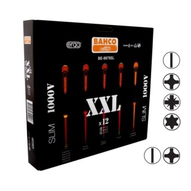XXL Izoliuotų atsuktuvų rinkinys ERGO™ 12 vnt - PZ1/2; PH1/2; SL2,5/3,0/3,5/4,0/5,5; Combi PH1/SL5, PH2/SL6; T10 - 1000V VDE XXL Izoliuotų atsuktuvų rinkinys ERGO™ 12 vnt - PZ1/2; PH1/2; SL2,5/3,0/3,5/4,0/5,5; Combi PH1/SL5, PH2/SL6; T10 - 1000V VDE